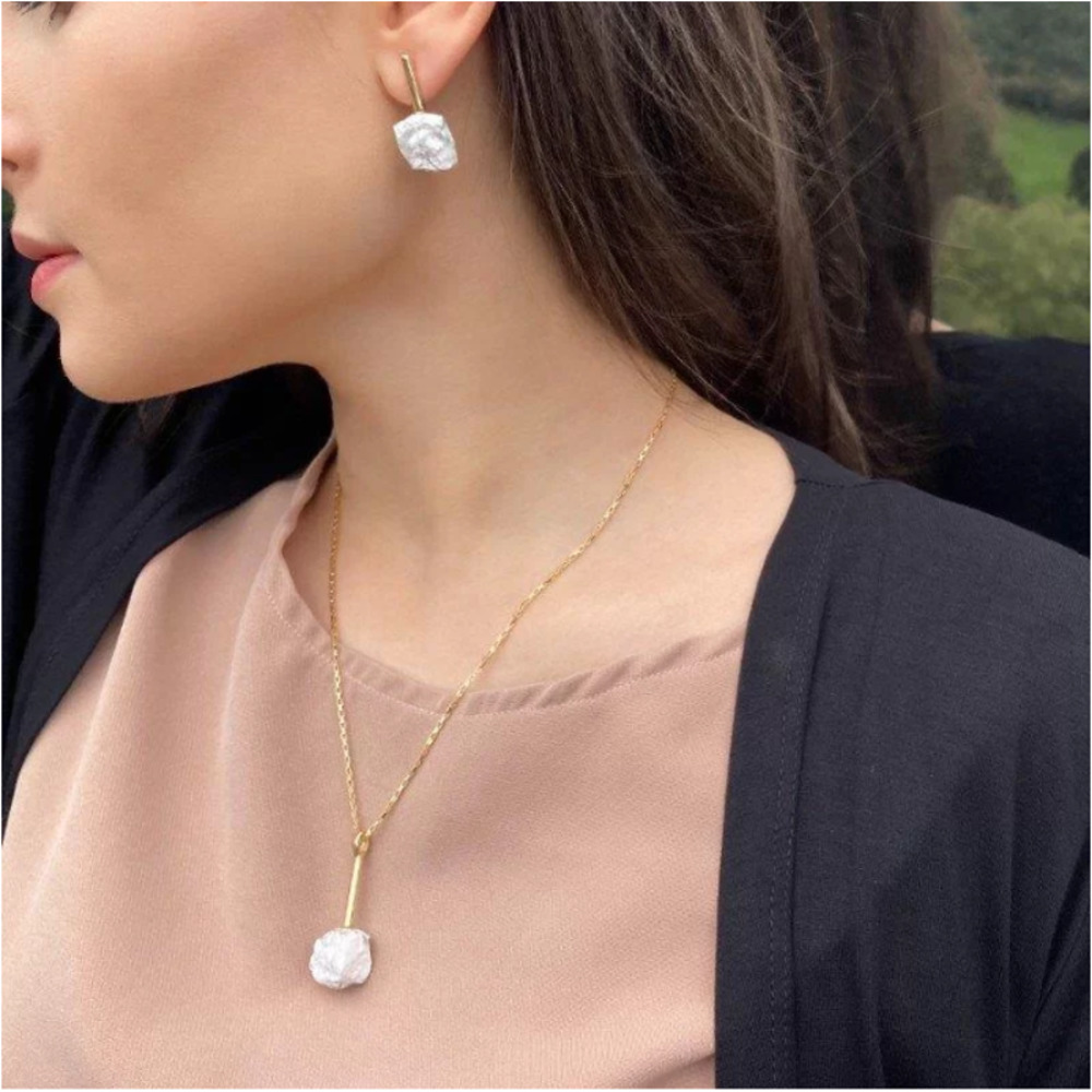 Natural Raw Beige Amazonite 18k Gold Plated Earring and Necklace Set - Picture 2 of 10